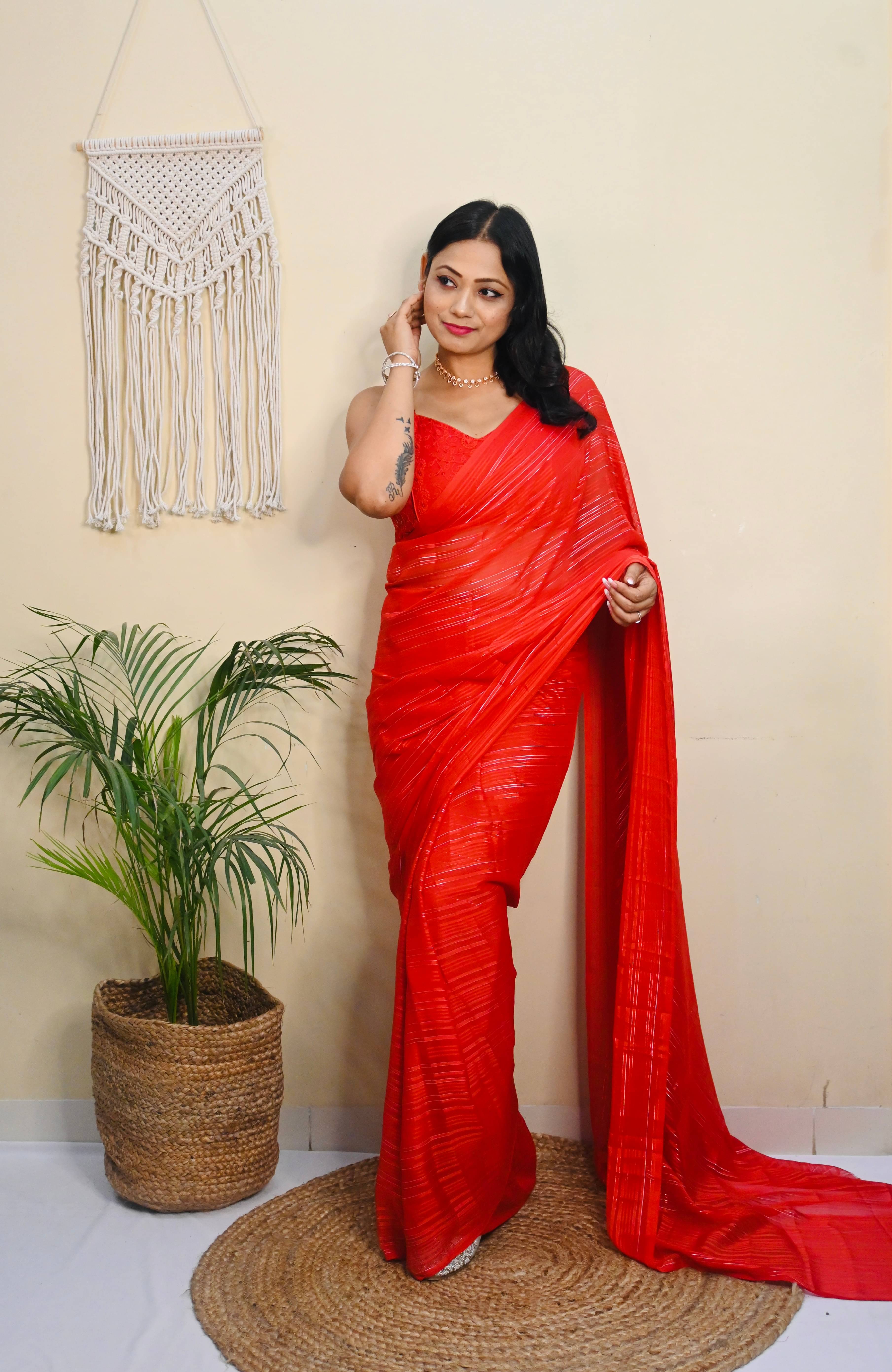     			ANAND SAREES Georgette Striped Ilkal Saree With Unstitched Blouse Piece ( RED )