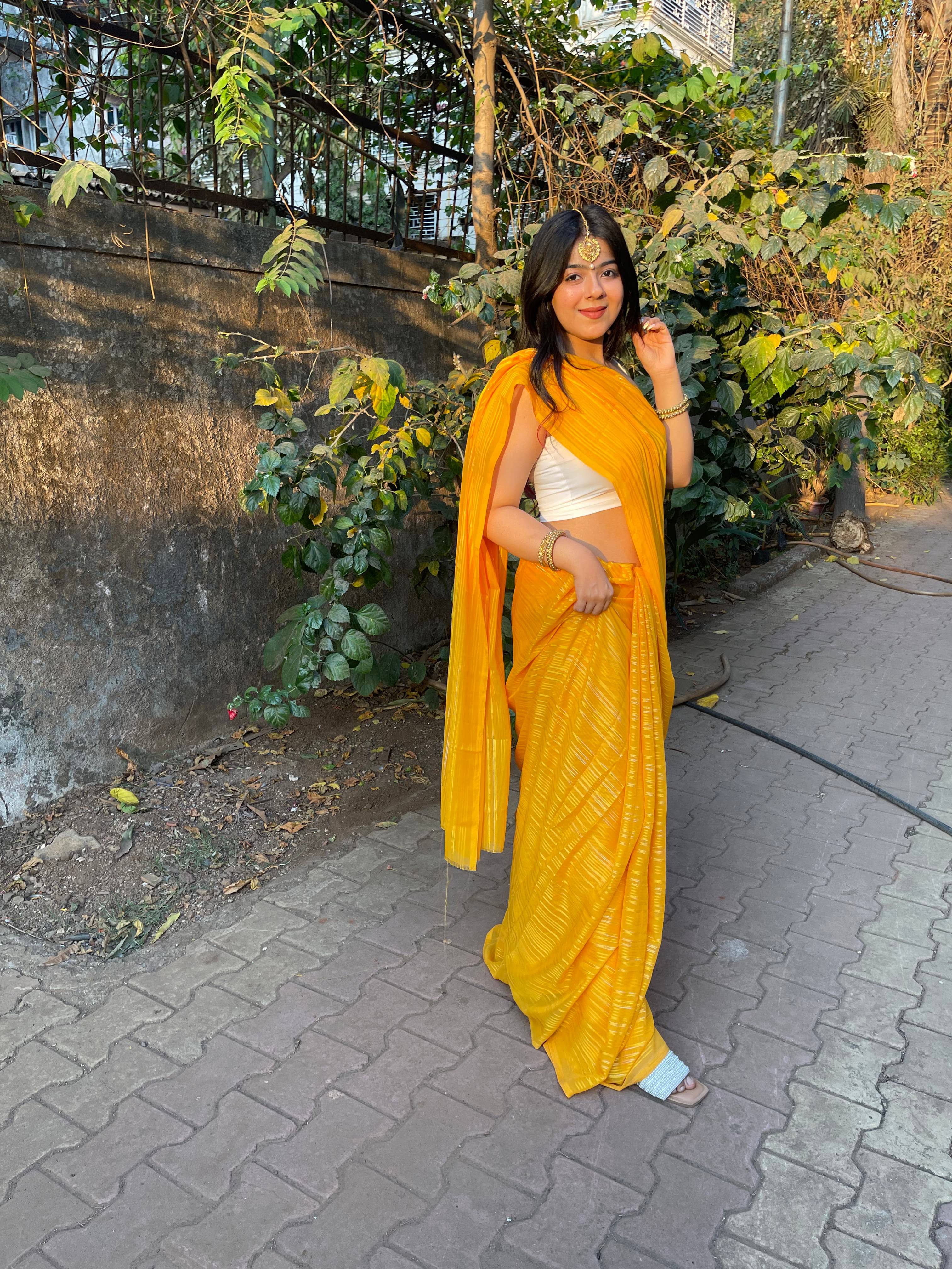 ANAND SAREES Georgette Striped Ilkal Saree With Unstitched Blouse Piece ( YELLOW ) ANAND SAREES Georgette Striped Ilkal Saree With Unstitched Blouse Piece ( YELLOW )