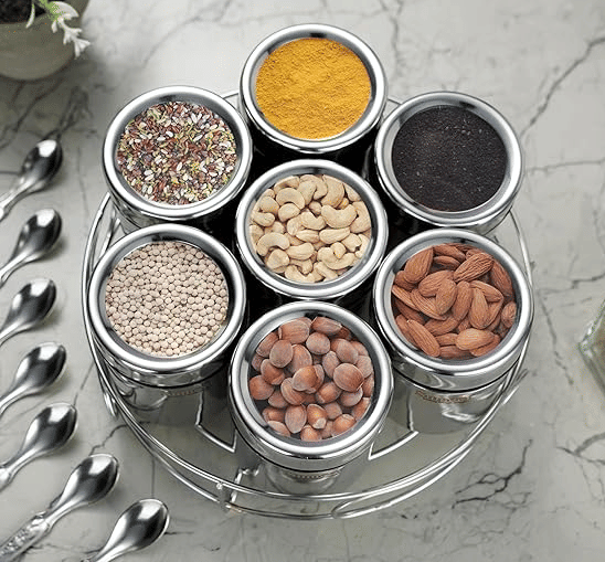     			Aquasleri Masala Box Steel Silver Spice Container ( Set of 7 )