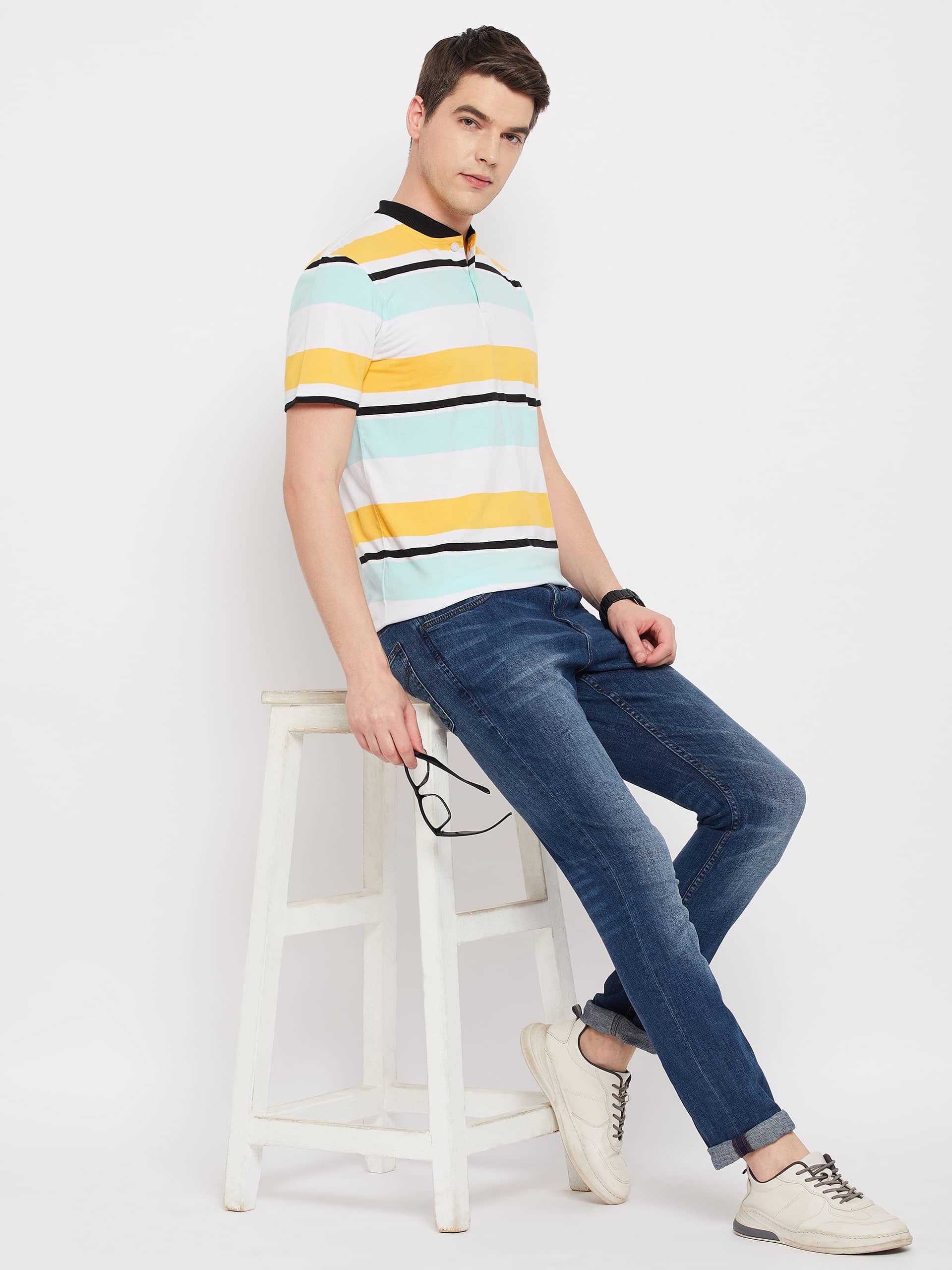 Club York Men Cotton Blend Regular Fit Striped T-Shirt ( Yellow )