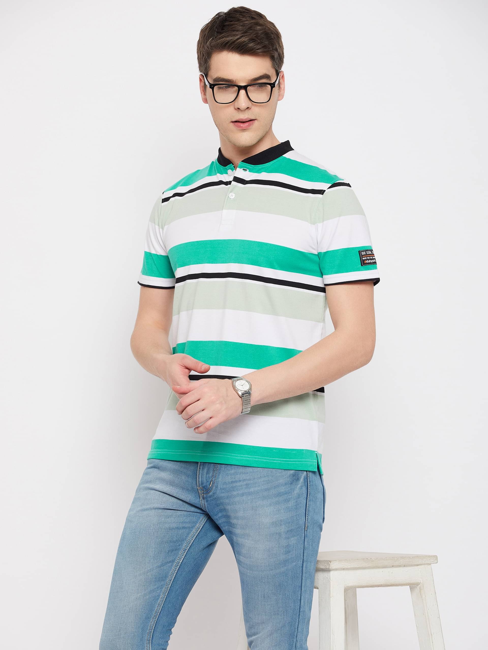 Club York Men Cotton Blend Regular Fit Striped T-Shirt ( Green ) Club York Men Cotton Blend Regular Fit Striped T-Shirt ( Green )