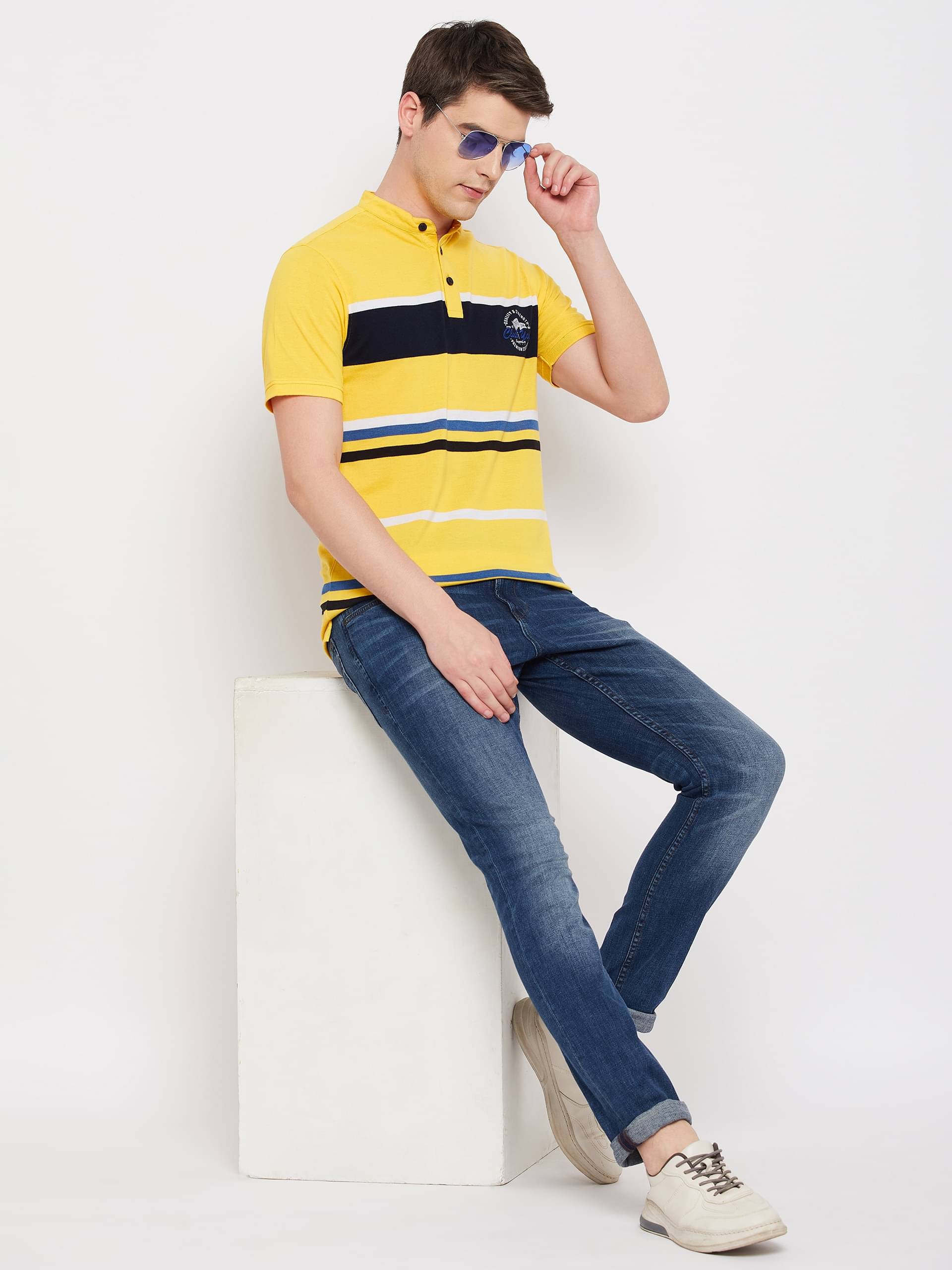Club York Men Cotton Blend Regular Fit Striped T-Shirt ( Yellow )     			Club York Men Cotton Blend Regular Fit Striped T-Shirt ( Yellow )