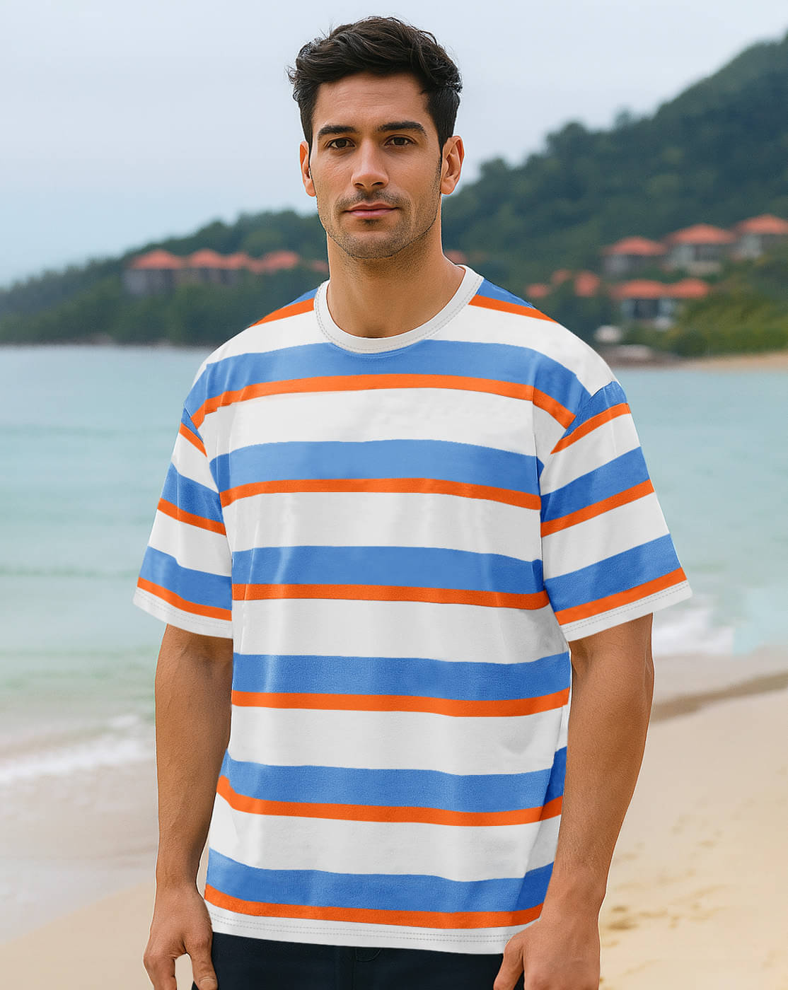 Eyebogler Men Cotton Blend Oversized Fit Striped T-Shirt ( Multicolor ) Eyebogler Men Cotton Blend Oversized Fit Striped T-Shirt ( Multicolor )