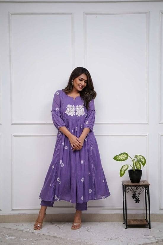 Fashion Klub Women Cotton Embroidered A-line Kurti With Pants ( Purple ) Fashion Klub Women Cotton Embroidered A-line Kurti With Pants ( Purple )