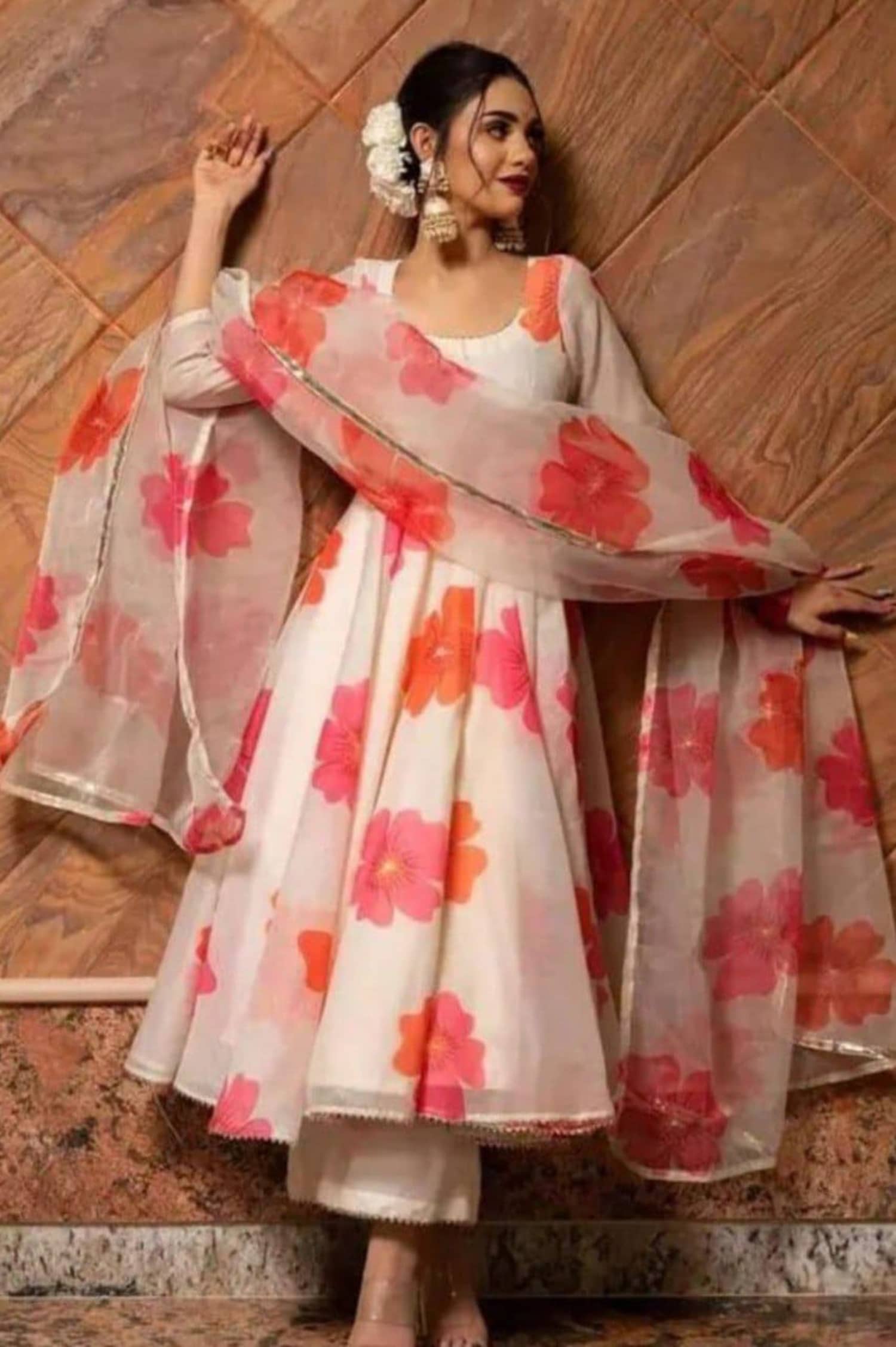 Fashionfricks Women Georgette Flared Stitched Ethnic Gown ( White ) - Unstitched Fabrics | Buy online on ZillyBuy