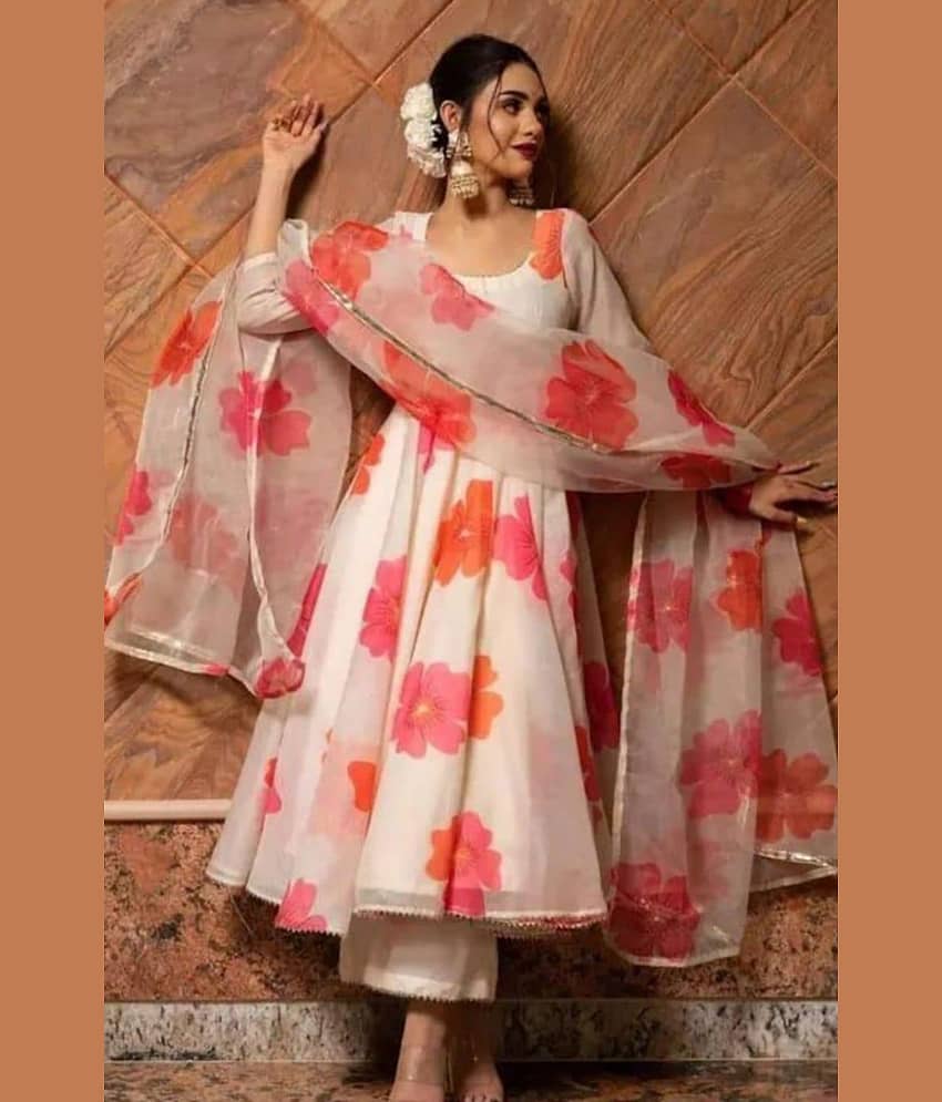 Fashionfricks Women Georgette Flared Stitched Ethnic Gown ( White ) - Unstitched Fabrics | Buy online on ZillyBuy