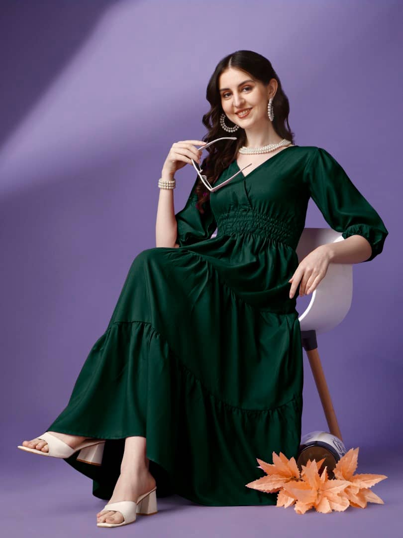 Femvy Women Crepe Solid Fit & Flare Dress ( Green )