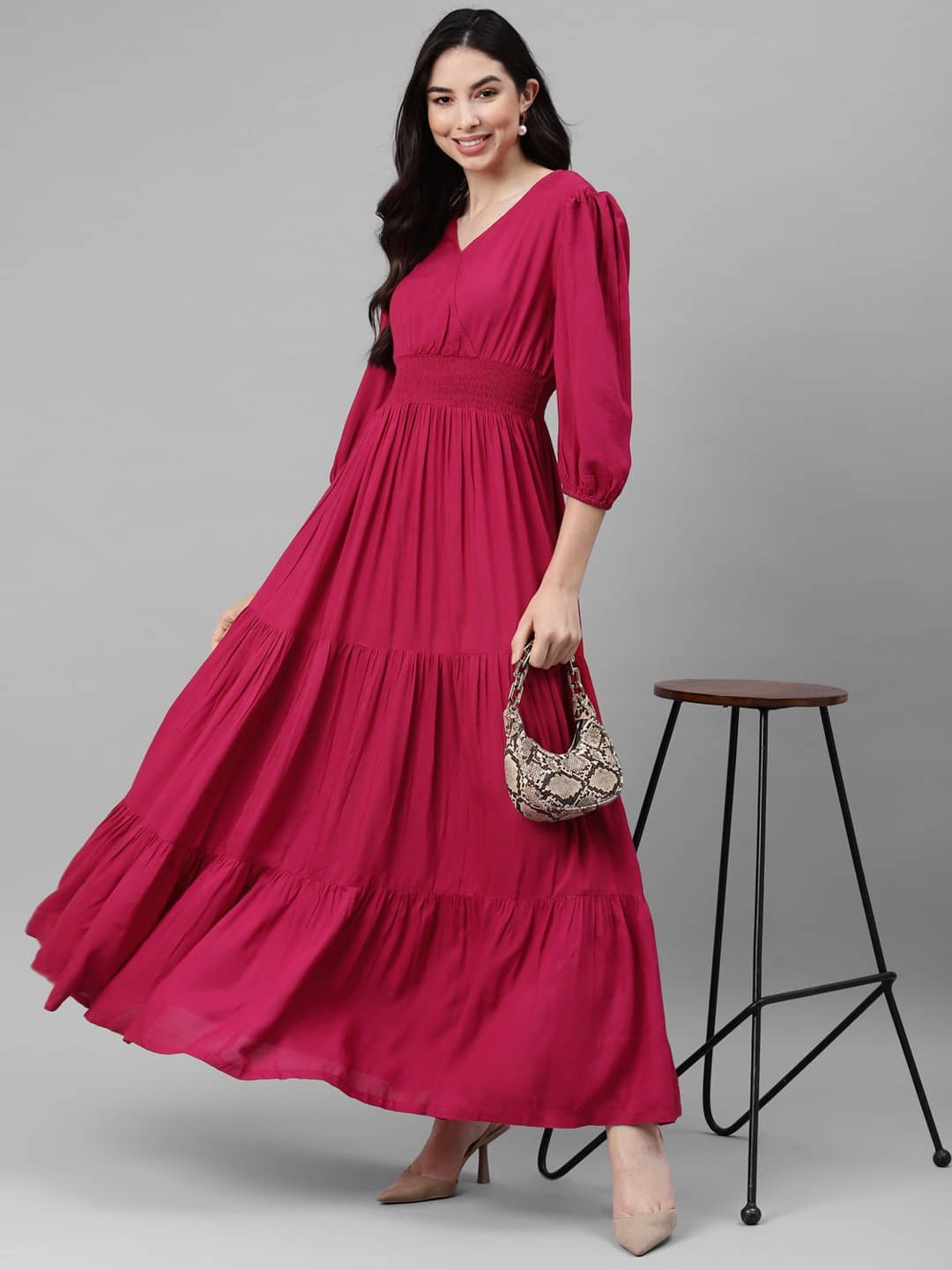 Femvy Women Crepe Solid Fit & Flare Dress ( Pink )