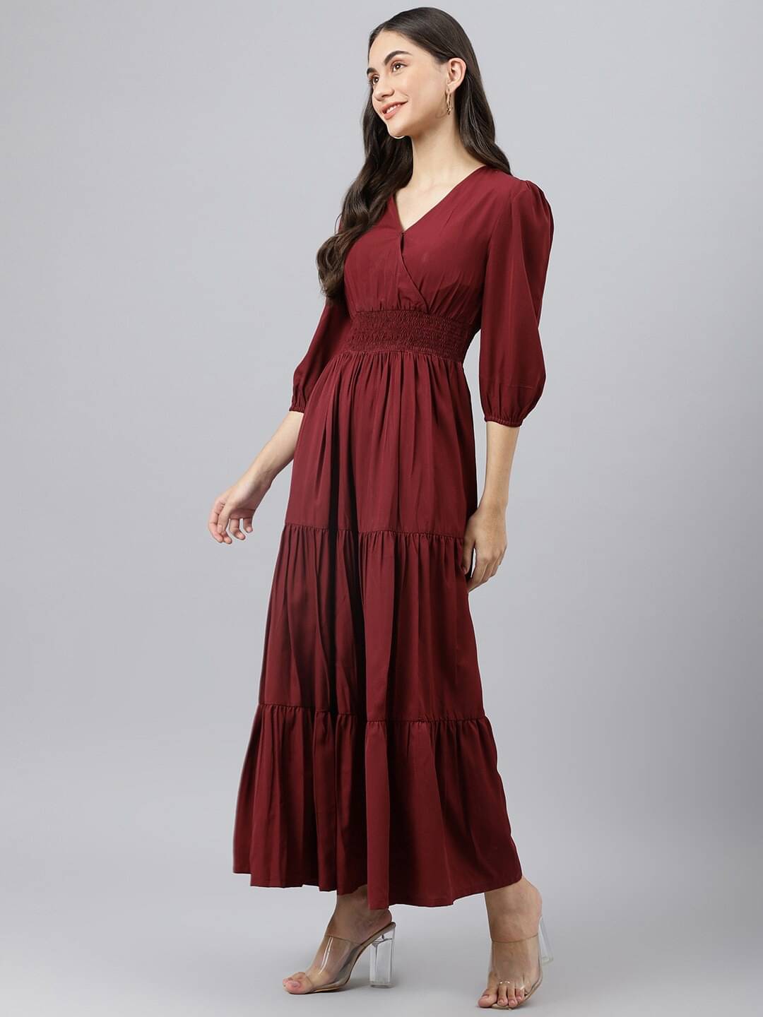 Femvy Women Crepe Solid Fit & Flare Dress ( Maroon ) Femvy Women Crepe Solid Fit & Flare Dress ( Maroon )