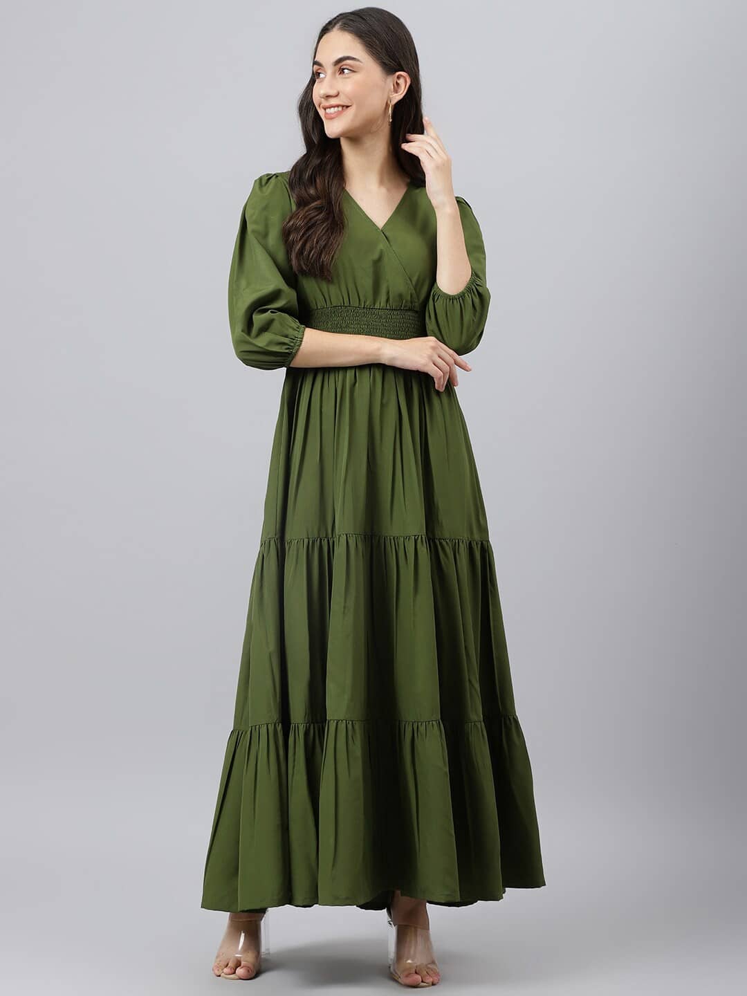 Femvy Women Crepe Solid Fit & Flare Dress ( Olive )