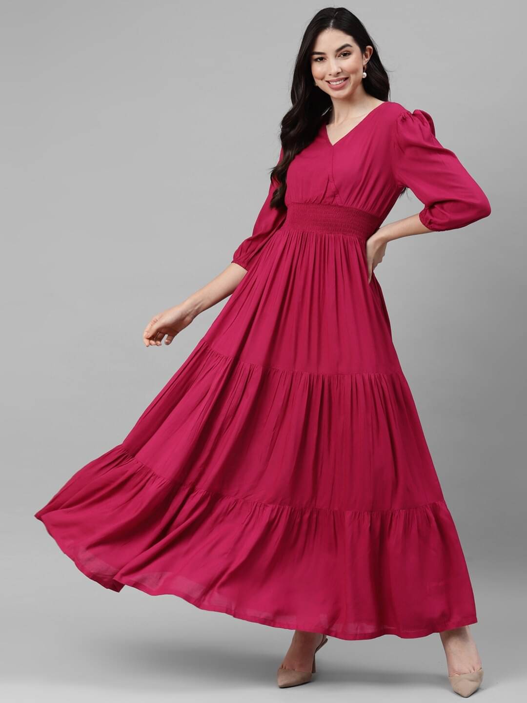 Femvy Women Crepe Solid Fit & Flare Dress ( Pink ) Femvy Women Crepe Solid Fit & Flare Dress ( Pink )