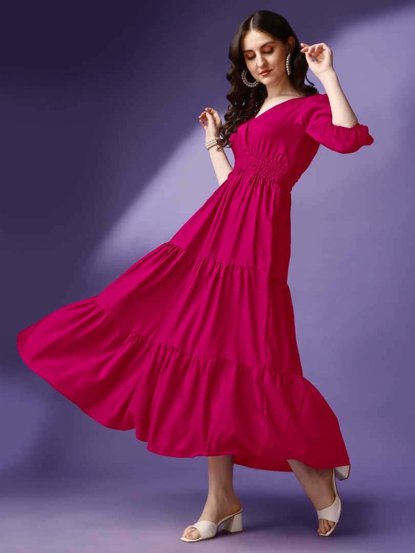 Femvy Women Crepe Solid Fit & Flare Dress ( Pink )