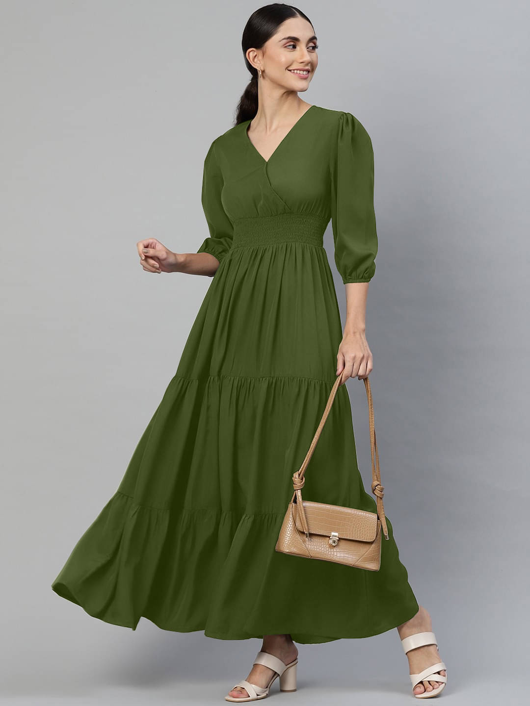Femvy Women Crepe Solid Fit & Flare Dress ( Olive ) Femvy Women Crepe Solid Fit & Flare Dress ( Olive )