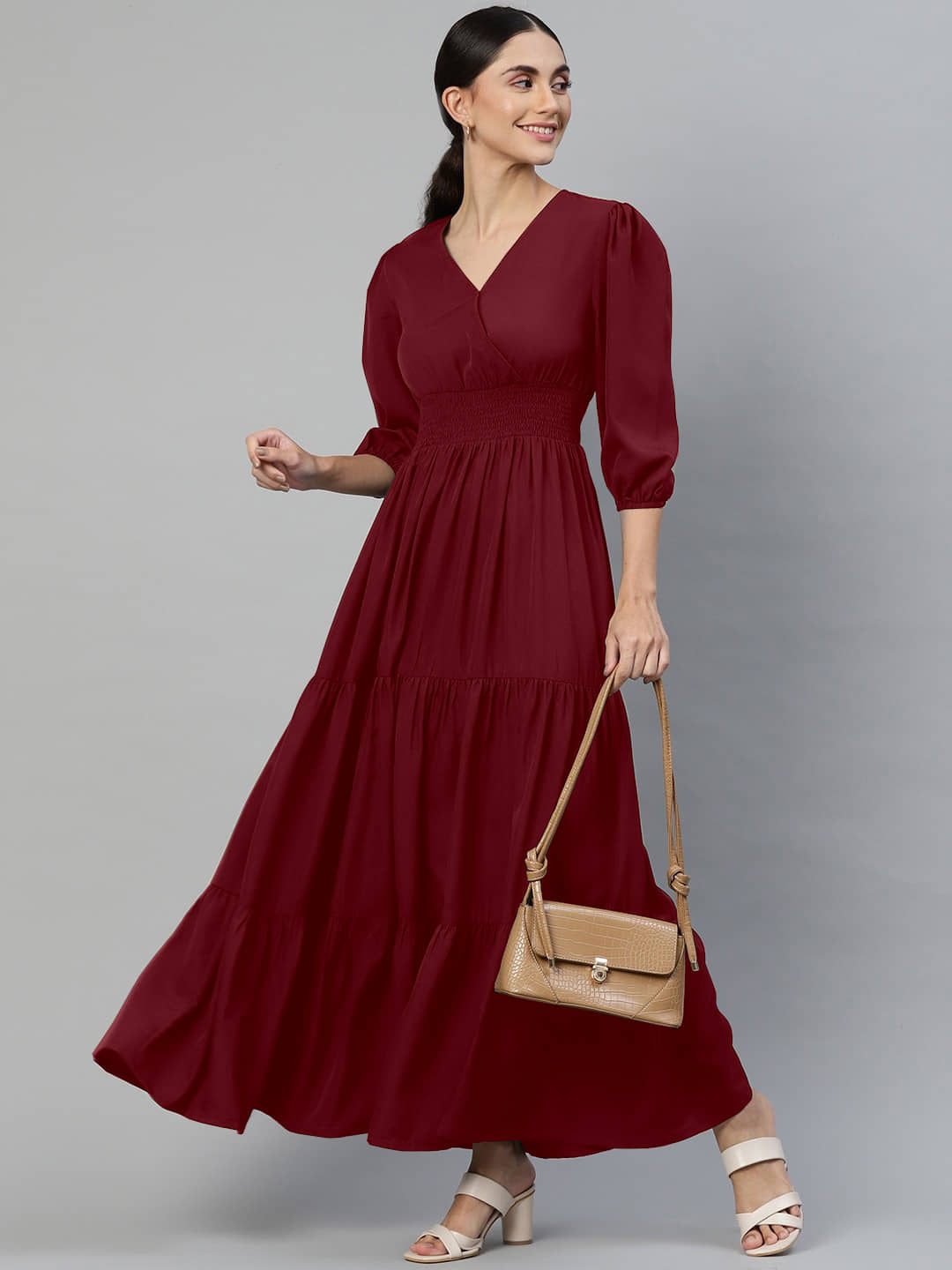 Femvy Women Crepe Solid Fit & Flare Dress ( Olive )
