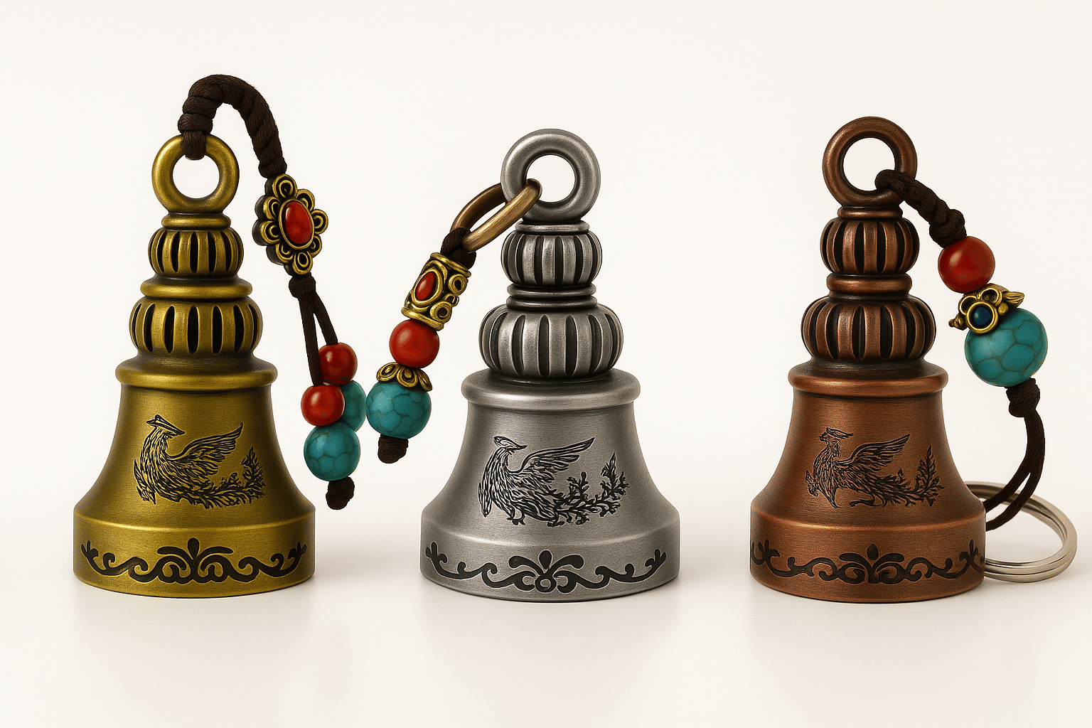 Set of 3 Phoenix Guardian Bell Keyholder Set with Tibetan Beads for Bike & Gift     			Set of 3 Phoenix Guardian Bell Keyholder Set with Tibetan Beads for Bike & Gift