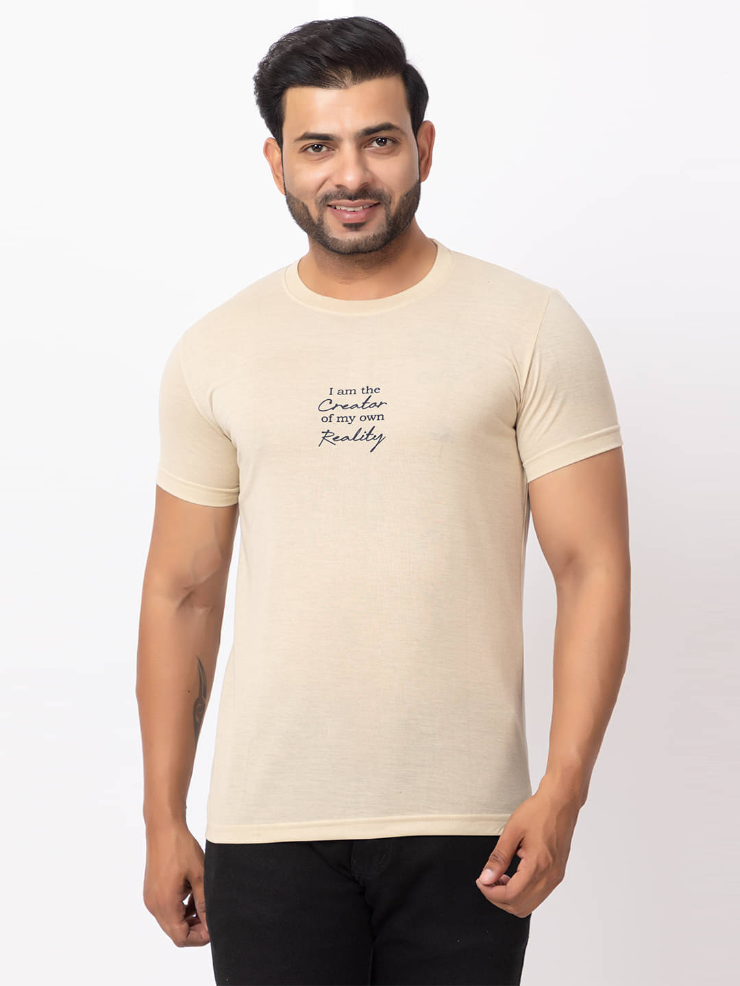     			HANABY Men Cotton Blend Regular Fit Printed T-Shirt ( Beige )