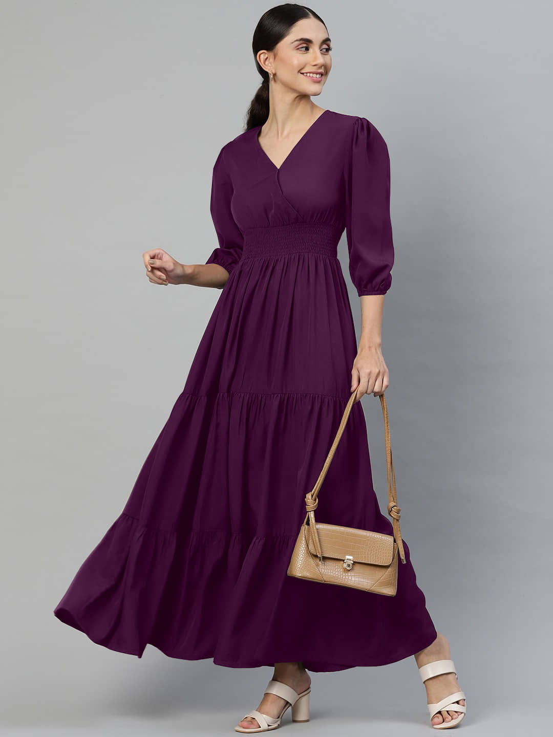 JASH CREATION Women Crepe Solid Fit & Flare Dress ( Wine )