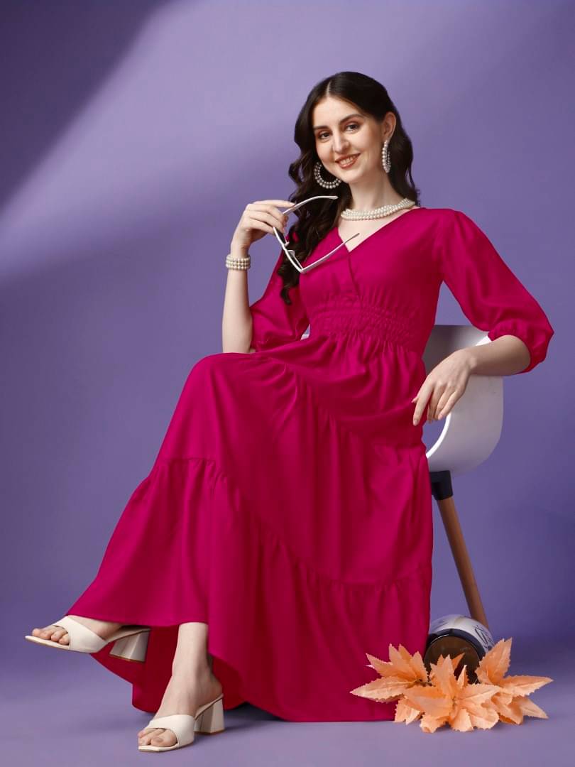     			JASH CREATION Women Crepe Solid Fit & Flare Dress ( Pink )