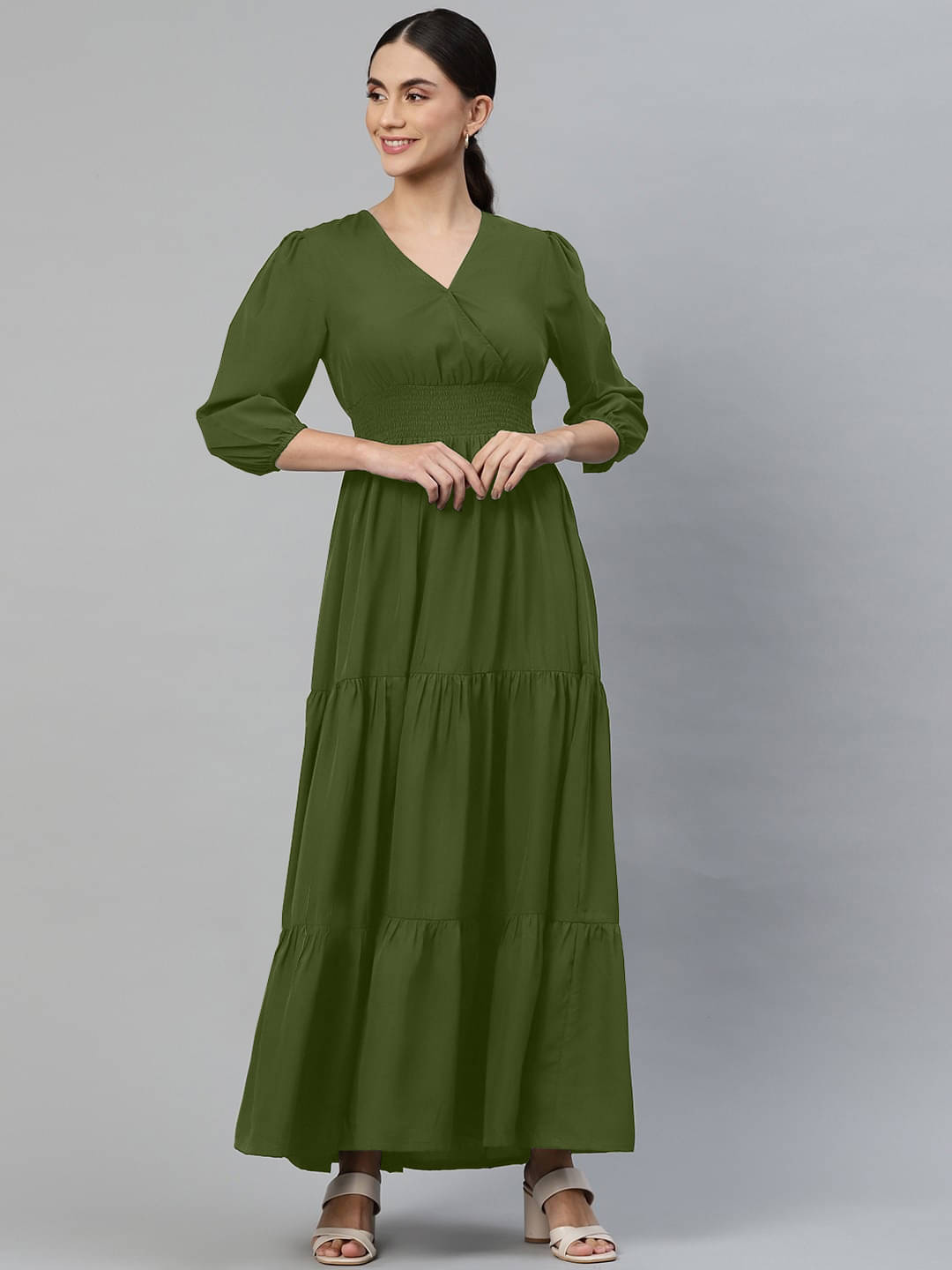 JASH CREATION Women Crepe Solid Fit & Flare Dress ( Olive ) JASH CREATION Women Crepe Solid Fit & Flare Dress ( Olive )