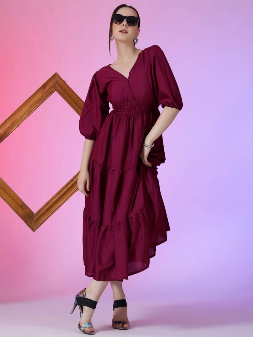 JASH CREATION Women Crepe Solid Fit & Flare Dress ( Wine ) JASH CREATION Women Crepe Solid Fit & Flare Dress ( Wine )