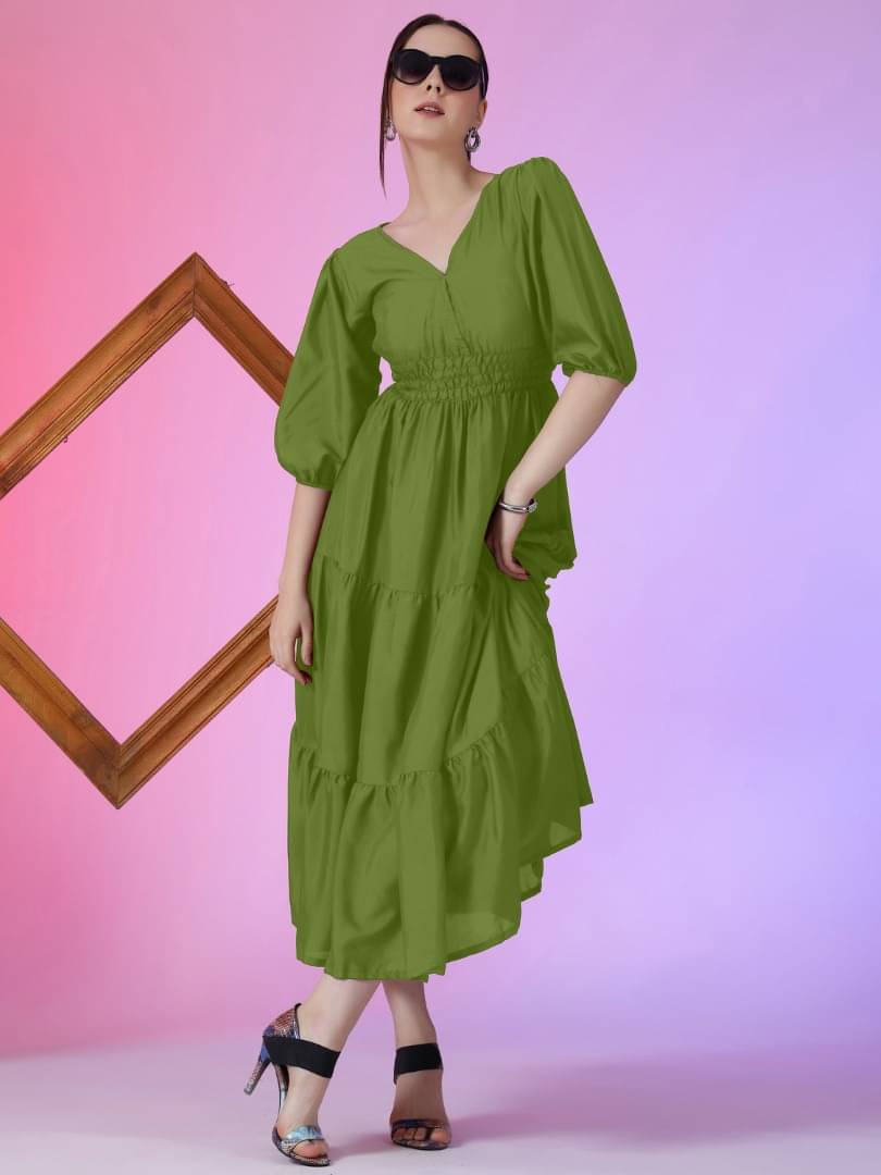 JASH CREATION Women Crepe Solid Fit & Flare Dress ( Olive ) JASH CREATION Women Crepe Solid Fit & Flare Dress ( Olive )