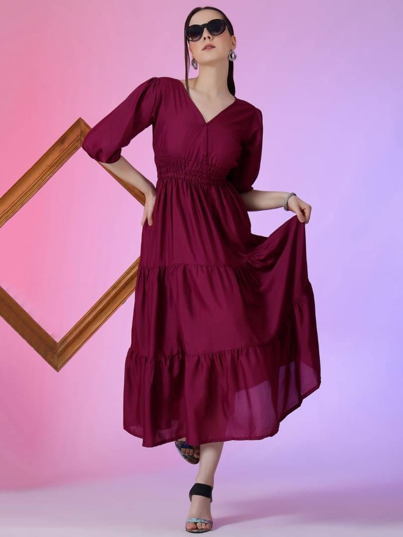 JASH CREATION Women Crepe Solid Fit & Flare Dress ( Wine ) JASH CREATION Women Crepe Solid Fit & Flare Dress ( Wine )