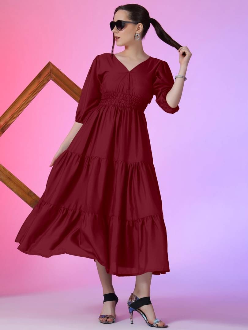 JASH CREATION Women Crepe Solid Fit & Flare Dress ( Maroon ) JASH CREATION Women Crepe Solid Fit & Flare Dress ( Maroon )
