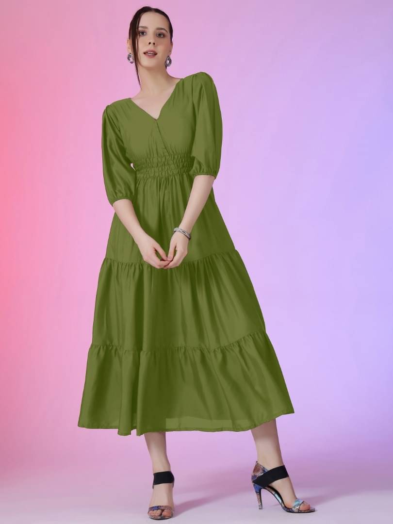     			JASH CREATION Women Crepe Solid Fit & Flare Dress ( Olive )