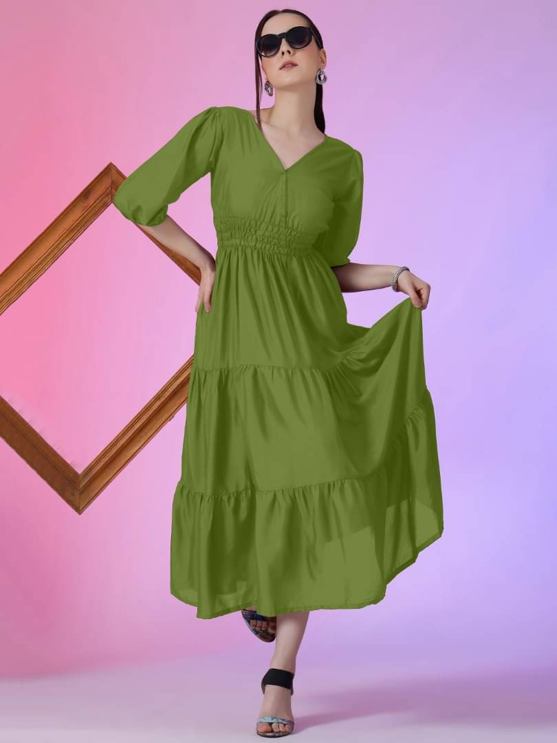 JASH CREATION Women Crepe Solid Fit & Flare Dress ( Olive ) JASH CREATION Women Crepe Solid Fit & Flare Dress ( Olive )