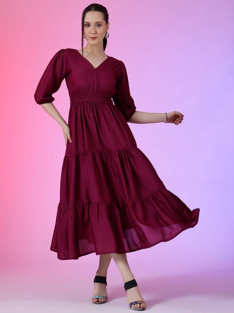     			JASH CREATION Women Crepe Solid Fit & Flare Dress ( Wine )