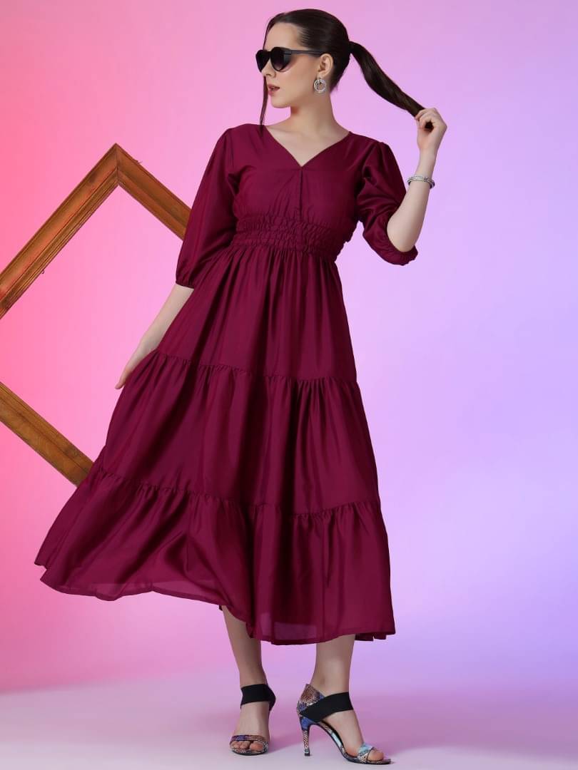 JASH CREATION Women Crepe Solid Fit & Flare Dress ( Wine ) JASH CREATION Women Crepe Solid Fit & Flare Dress ( Wine )