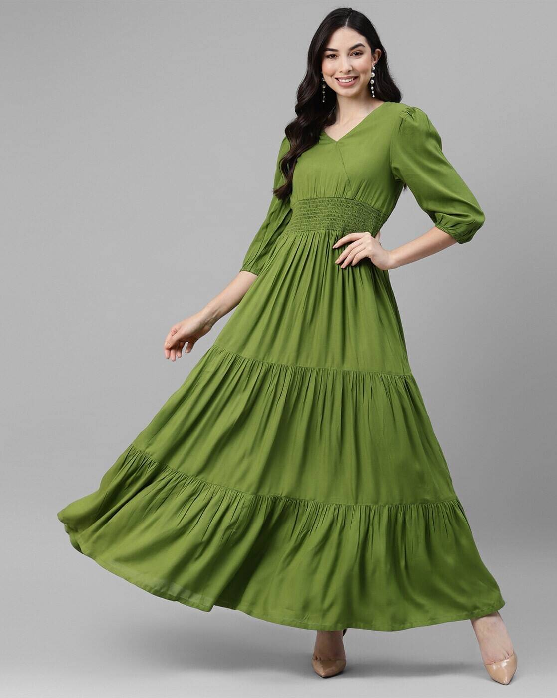     			JASH CREATION Women Crepe Solid Fit & Flare Dress ( Olive )