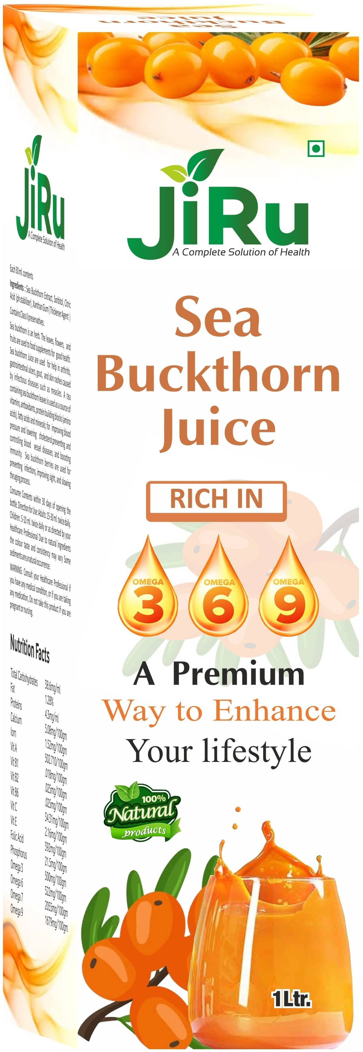     			JiRu Himalayan Sea Buckthorn Pulp Concentrate 1000ml | Natural Vitamin C, 3 6 7 9, Antioxidants | Immunity, Skin Glow