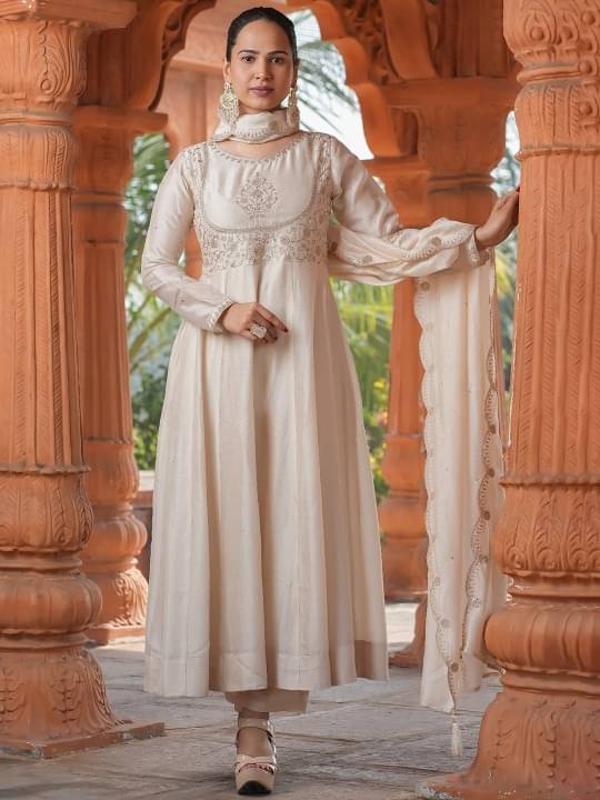 KC Kunj Creation Women Silk Embroidered Anarkali Kurti With Pants ( Cream ) KC Kunj Creation Women Silk Embroidered Anarkali Kurti With Pants ( Cream )