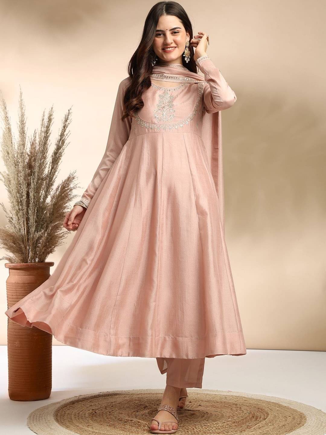     			KC Kunj Creation Women Silk Embroidered Anarkali Kurti With Pants ( Peach )