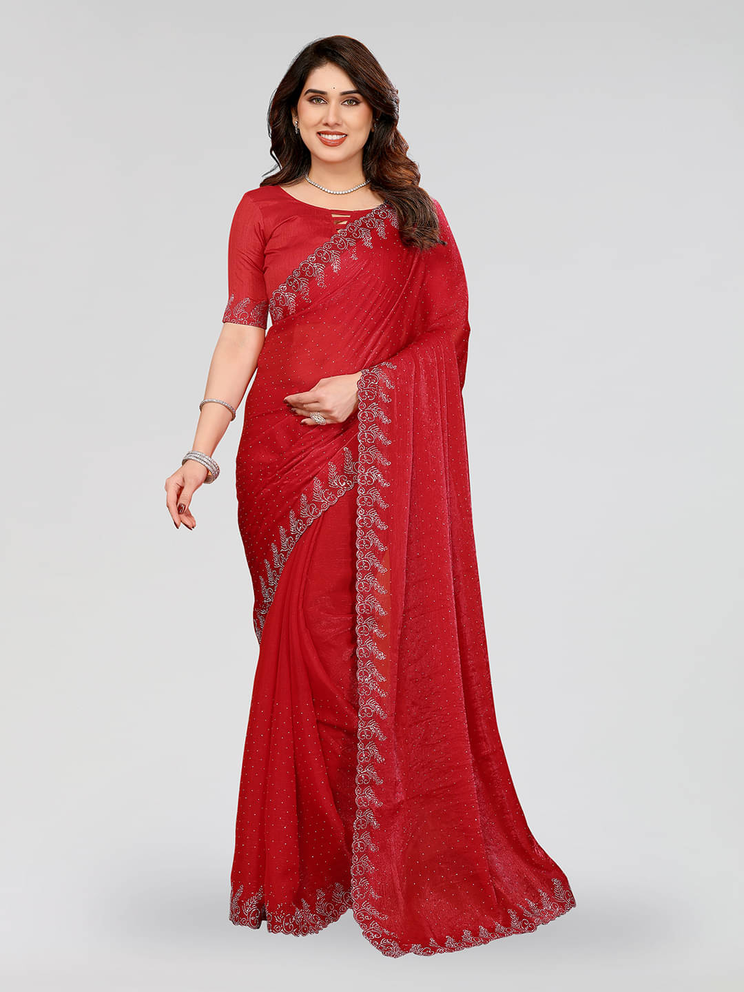 Kashvi Sarees Chiffon Solid Ilkal Saree With Unstitched Blouse Piece ( Red ) Kashvi Sarees Chiffon Solid Ilkal Saree With Unstitched Blouse Piece ( Red )