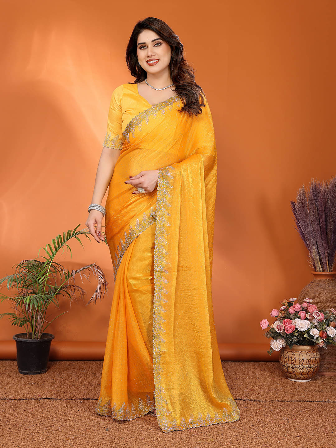 Kashvi Sarees Chiffon Solid Ilkal Saree With Unstitched Blouse Piece ( Yellow ) Kashvi Sarees Chiffon Solid Ilkal Saree With Unstitched Blouse Piece ( Yellow )