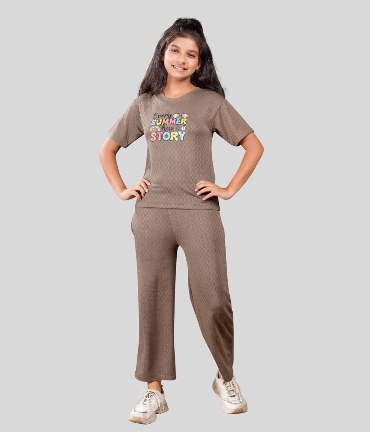 Little Funky Pack of 1 Girls Cotton Blend T-shirt & Pants ( Brown )