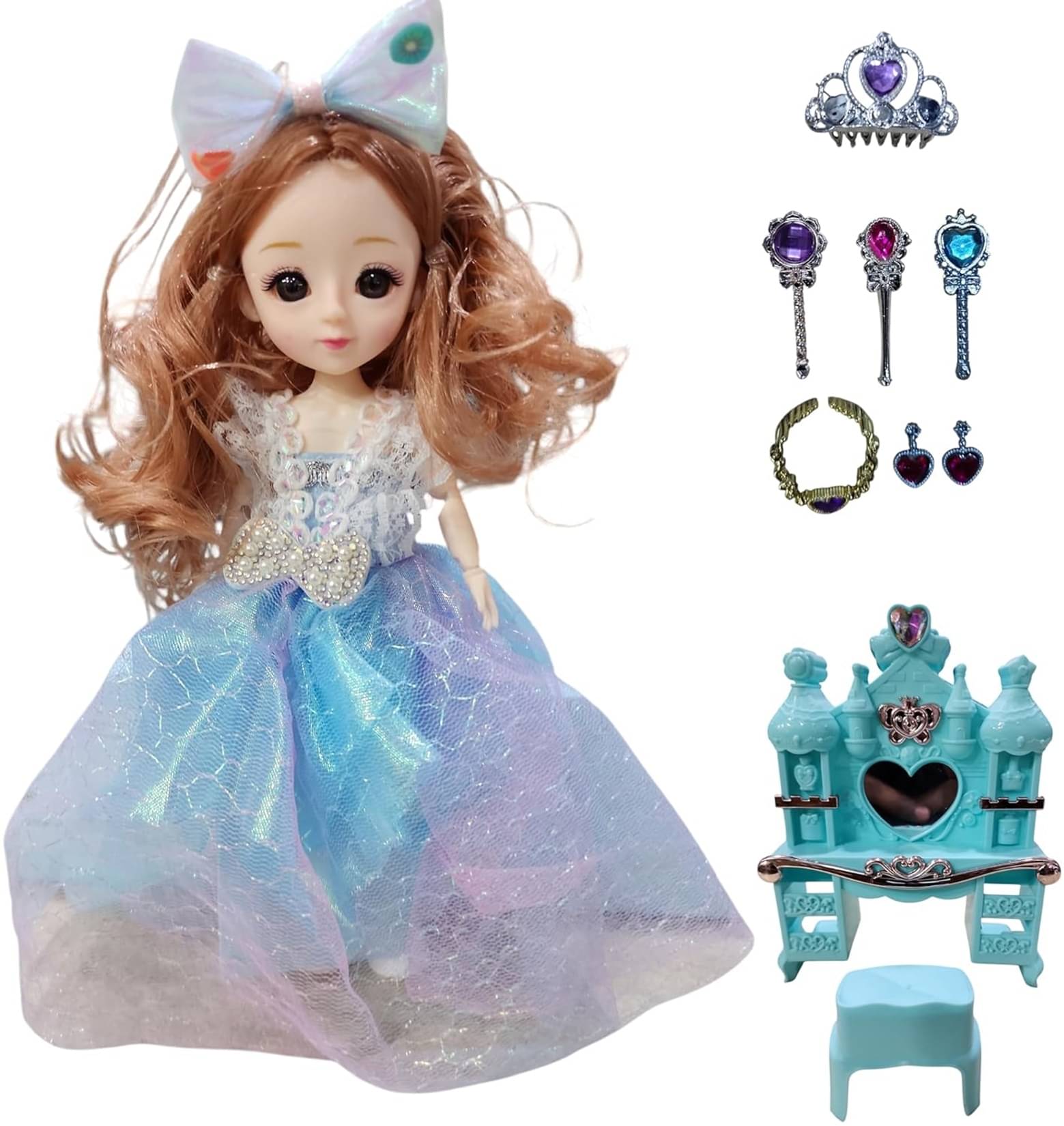     			Made to Move Gloria Doll with Folcable Hands and 3D Eyes-Dressing table and Accessories | (Candy -Blue)