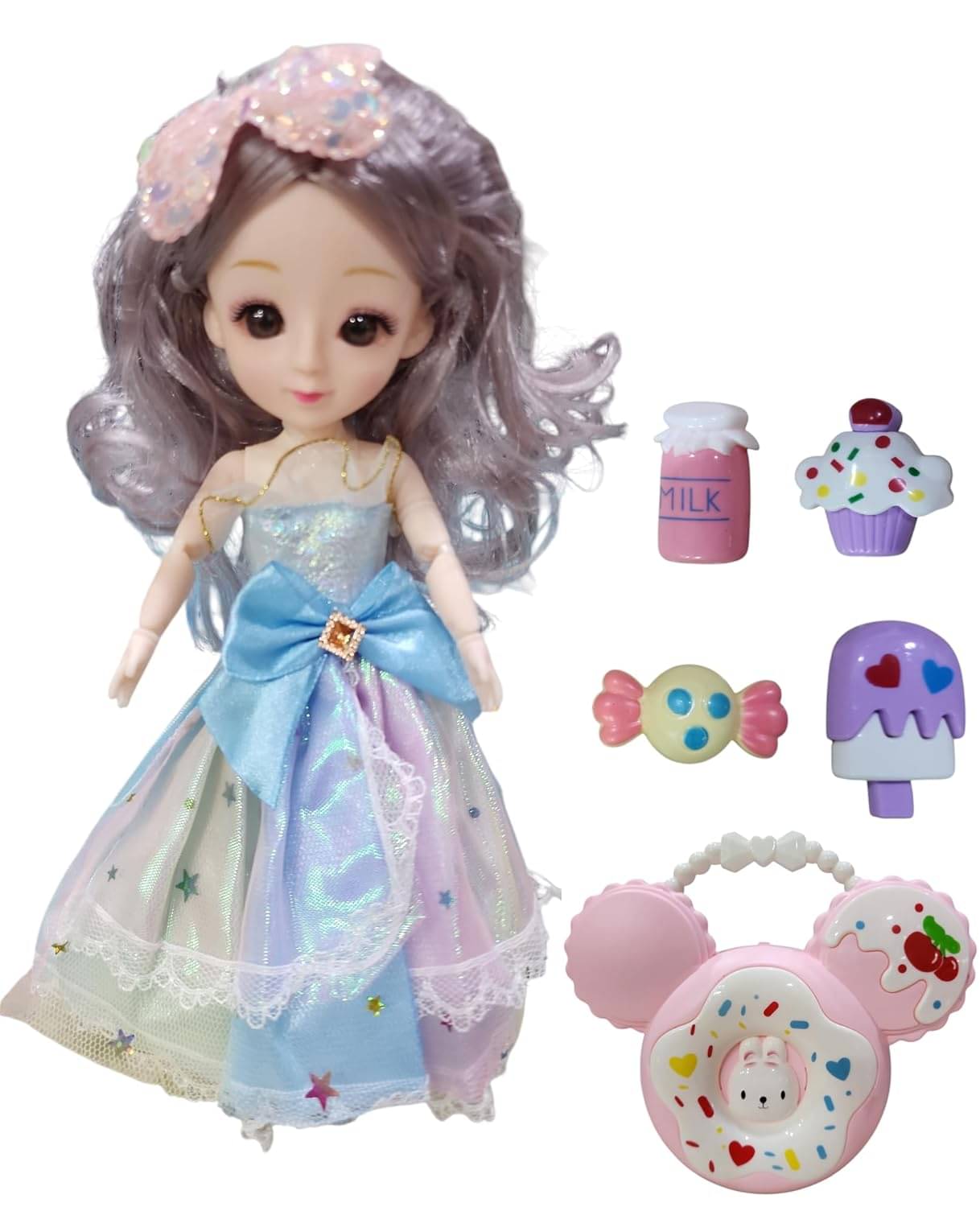 Made to Move Princess Doll with Folcable Hands and 3D Eyes |Vanity Bag and Accessories | (Candy -Blue) Made to Move Princess Doll with Folcable Hands and 3D Eyes |Vanity Bag and Accessories | (Candy -Blue)