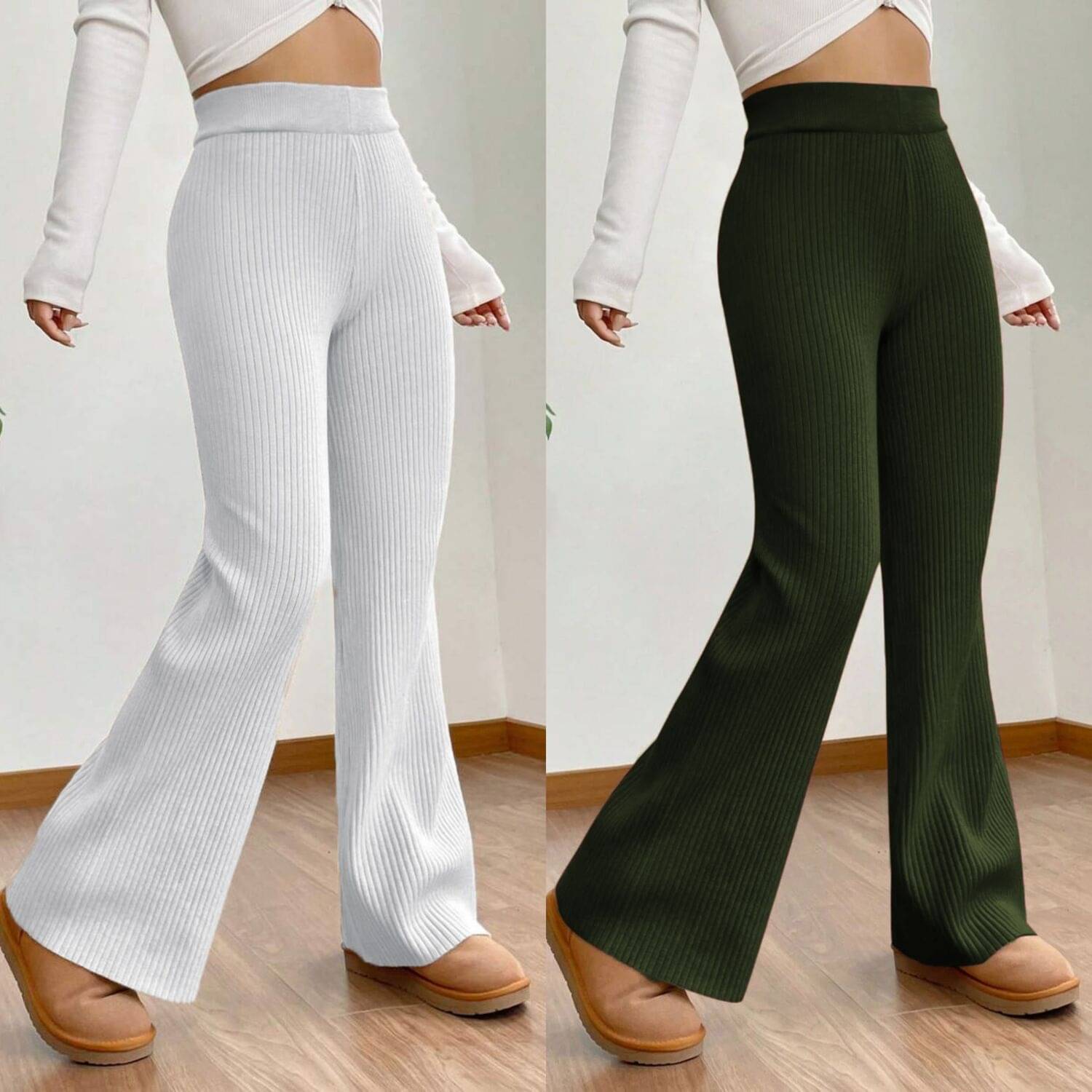     			Qyaas Women Lycra Wide Leg Trousers ( White,Olive )