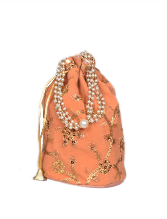     			SUNESH CREATION Orange Velvet Potli