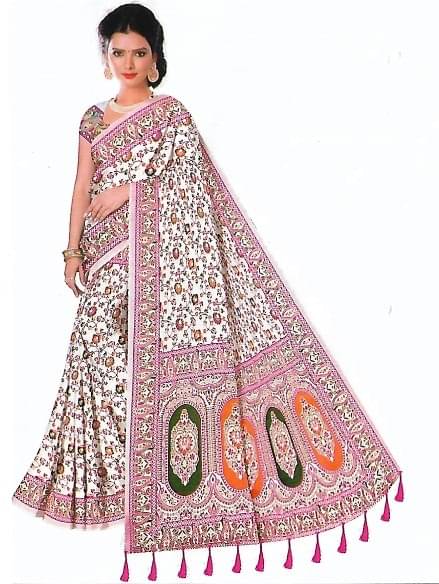Skandas Trendz Georgette Printed Kashmiri Kani Saree With Unstitched Blouse Piece ( White ) Skandas Trendz Georgette Printed Kashmiri Kani Saree With Unstitched Blouse Piece ( White )