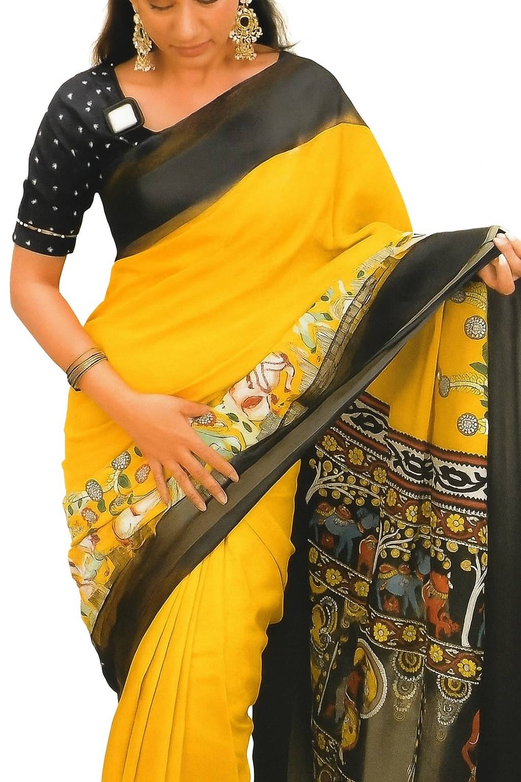 Skandas Trendz Georgette Printed Regular Saree With Unstitched Blouse Piece ( Yellow ) Skandas Trendz Georgette Printed Regular Saree With Unstitched Blouse Piece ( Yellow )