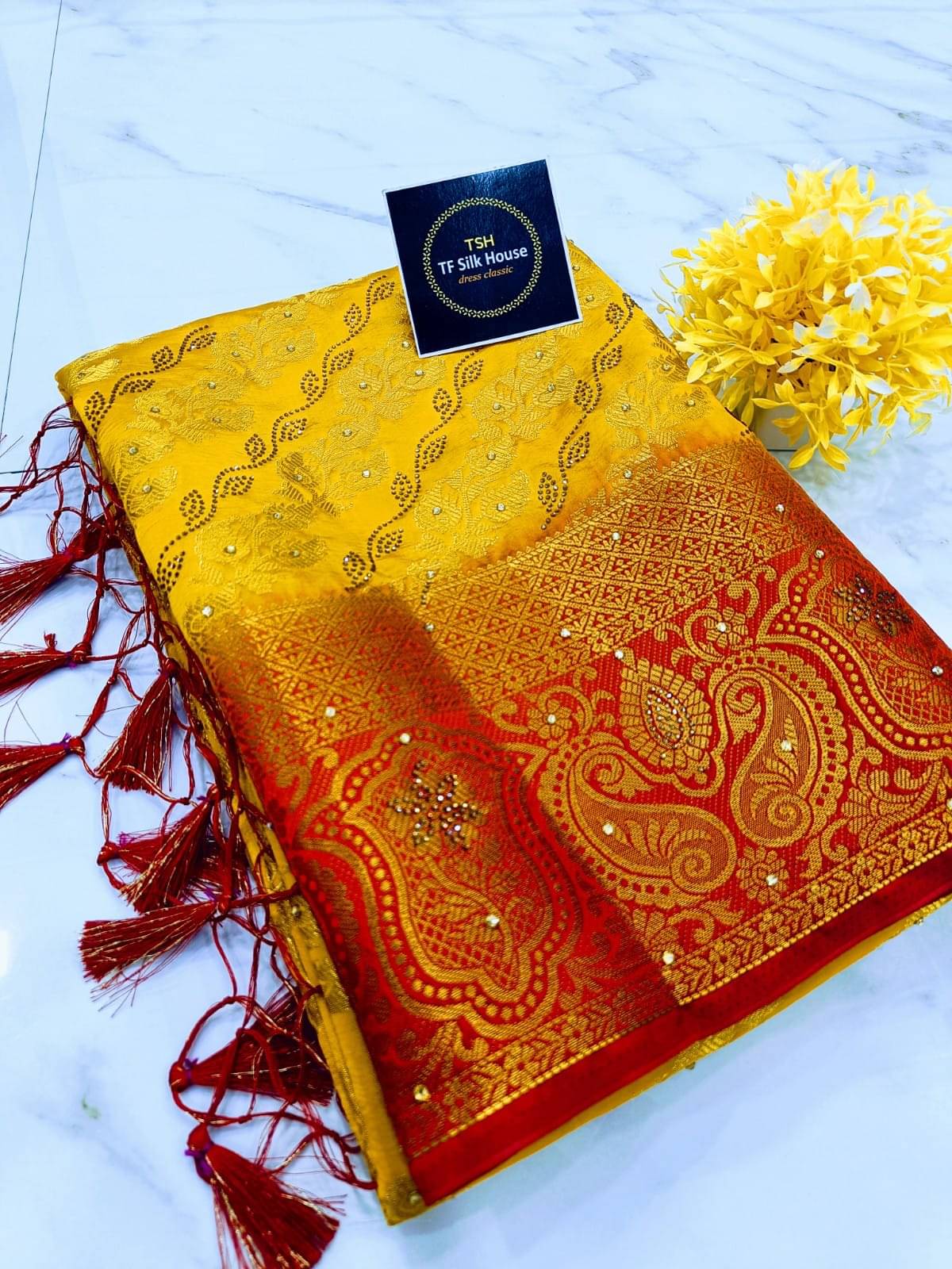 TF SILK HOUSE Silk Dyed Banarasi saree With Unstitched Blouse Piece ( Yellow ) TF SILK HOUSE Silk Dyed Banarasi saree With Unstitched Blouse Piece ( Yellow )