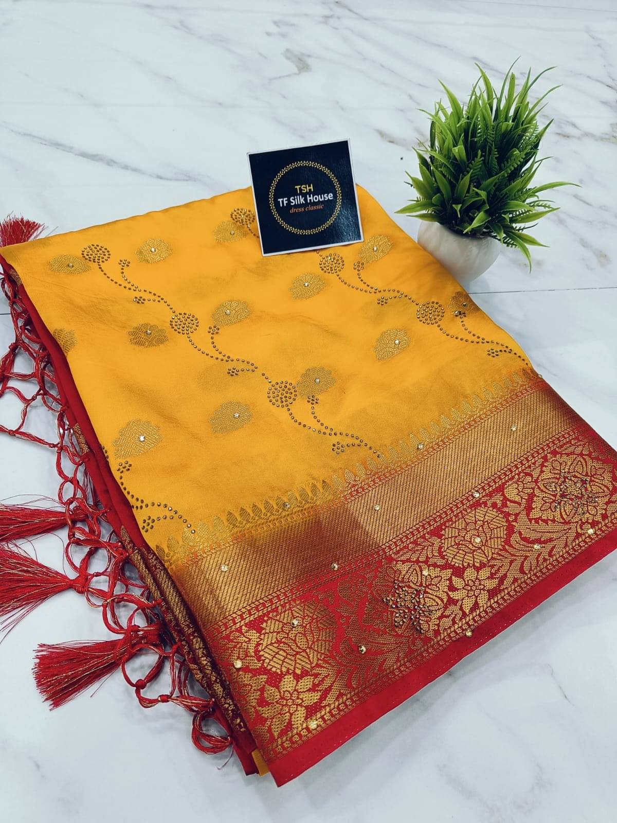 TF SILK HOUSE Silk Woven Banarasi saree With Unstitched Blouse Piece ( Yellow )     			TF SILK HOUSE Silk Woven Banarasi saree With Unstitched Blouse Piece ( Yellow )