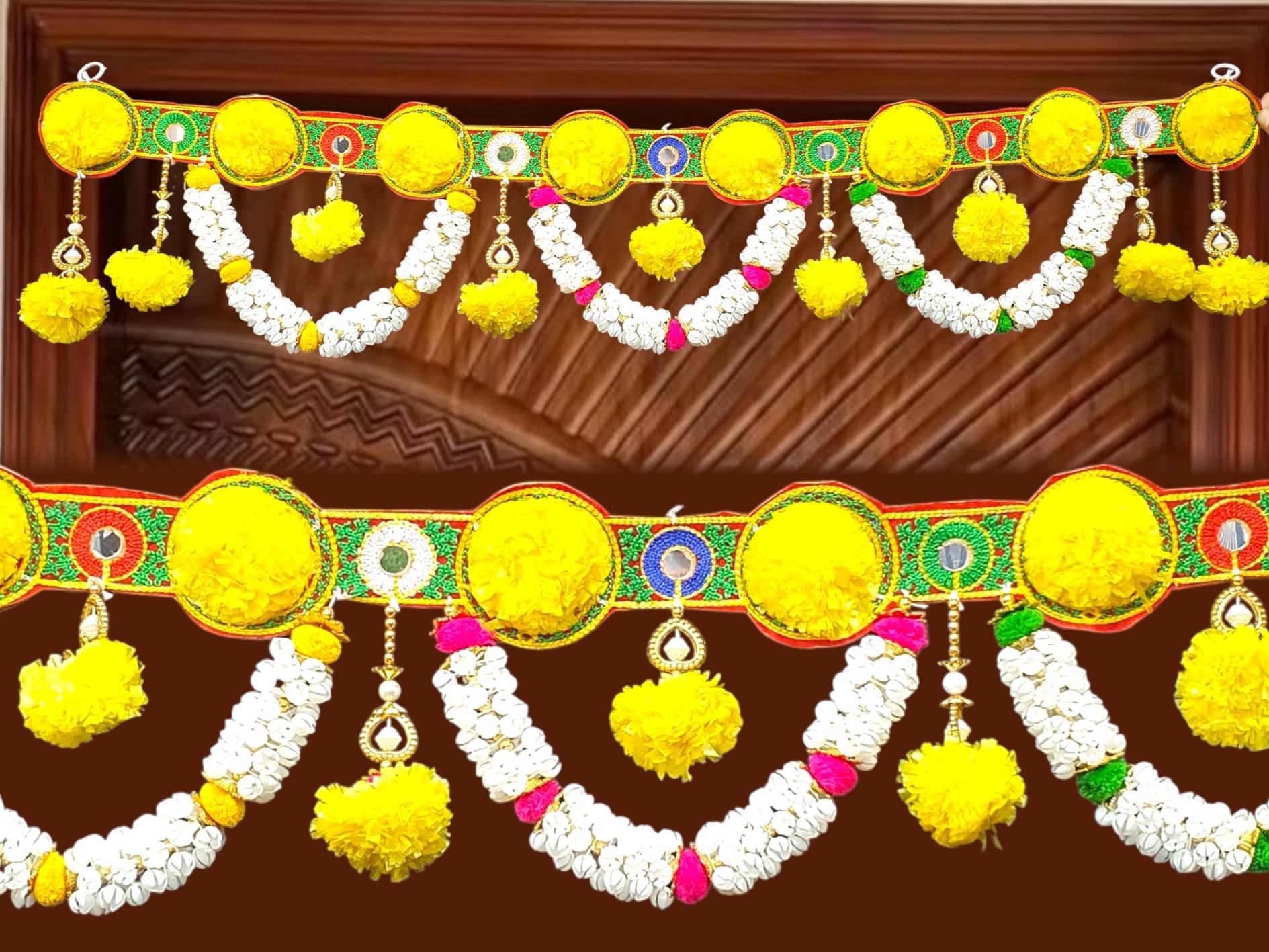     			The ArtBllezon Artificial Flower Toran with attached Latkan, Multi Zula Bandhanwal, Design Patchwork Toran for Main Door , Diwali, Pooja, Festival, Wedding and Home Decor, 3 Ft