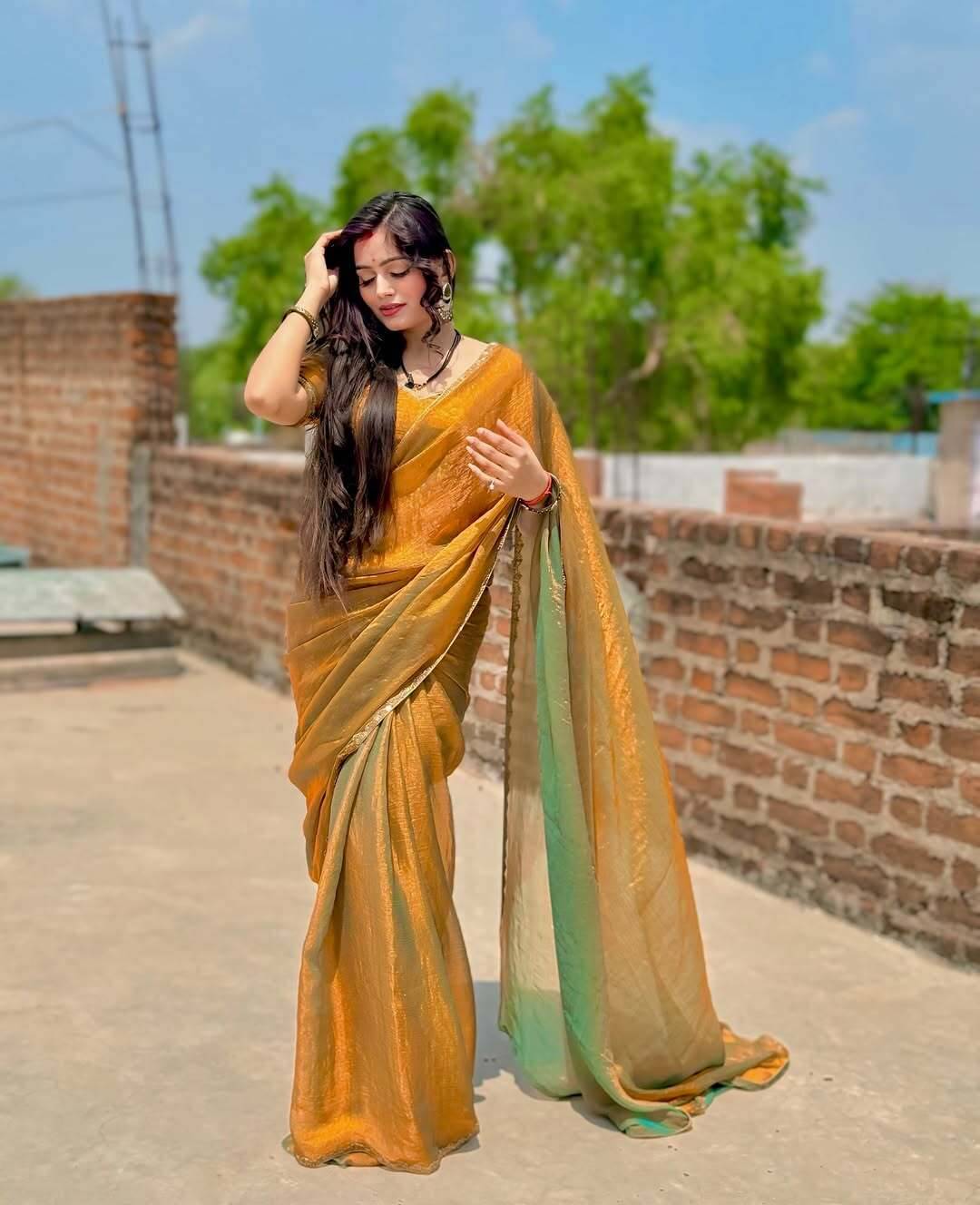 Trandtide Chiffon Solid Banarasi saree With Unstitched Blouse Piece ( Brown ) Trandtide Chiffon Solid Banarasi saree With Unstitched Blouse Piece ( Brown )