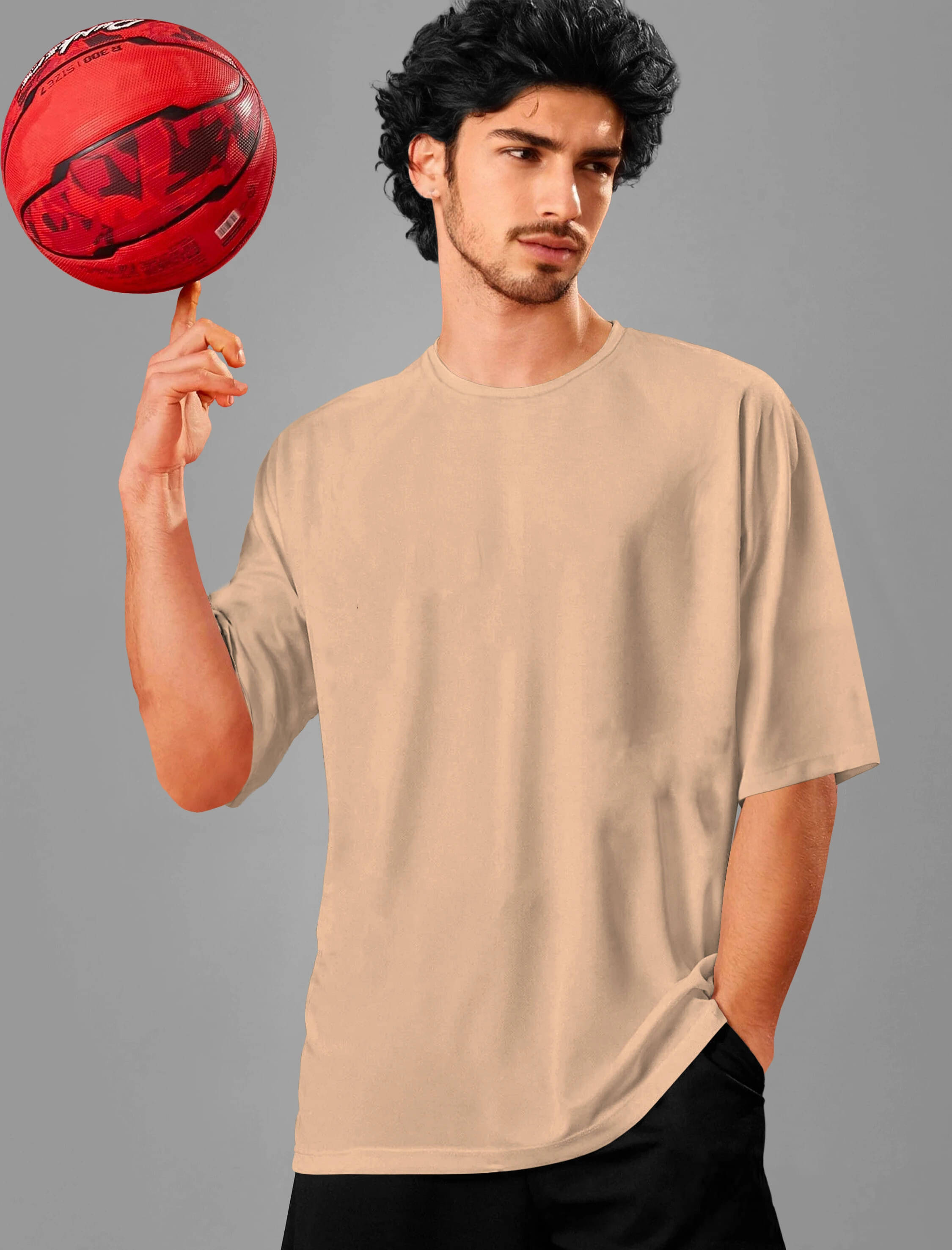     			Tripr Men Cotton Blend Oversized Fit Solid T-Shirt ( Beige )