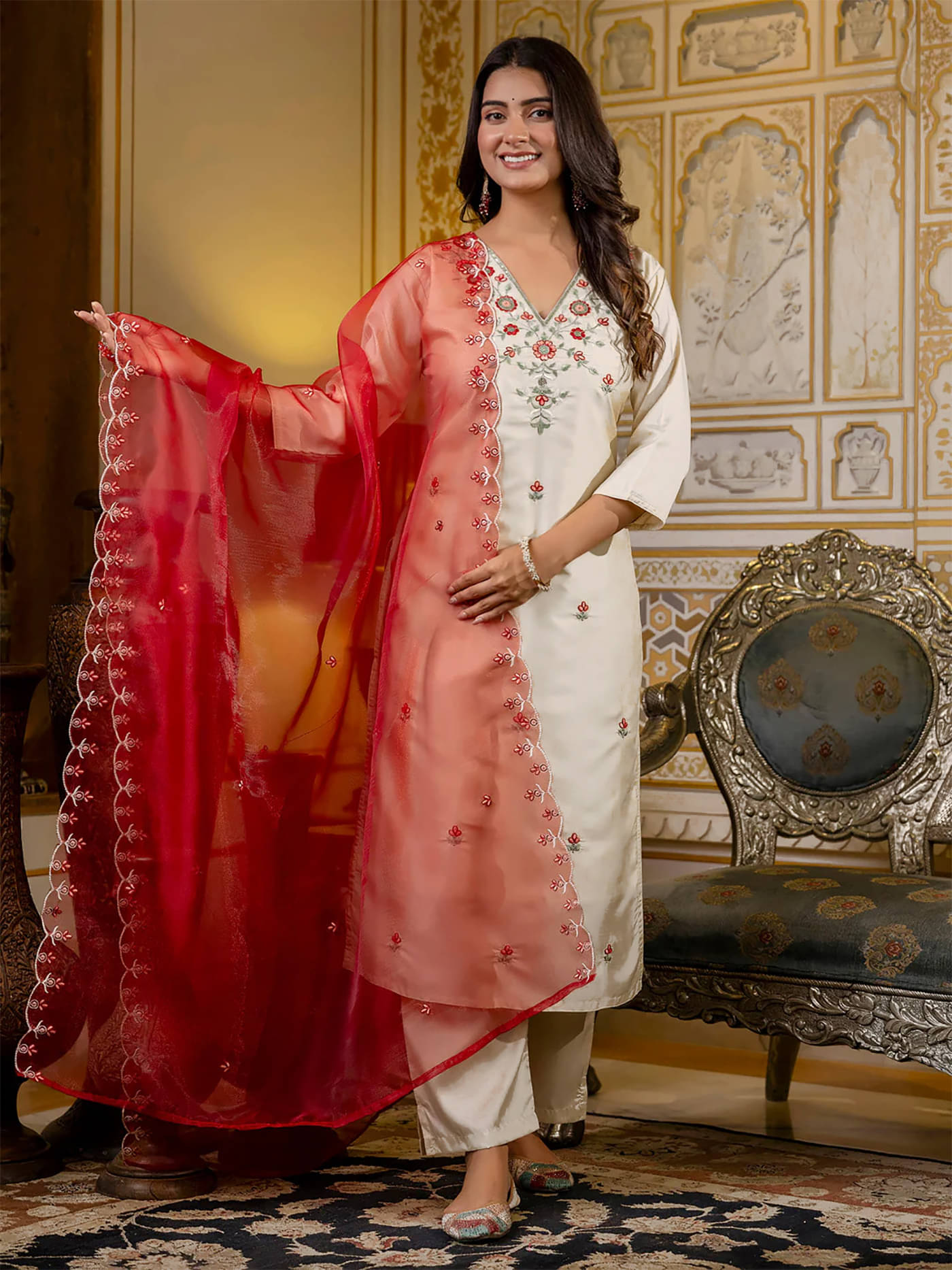    			kedar fab Women Cotton Blend Embroidered Straight Kurti With Pants ( Beige )